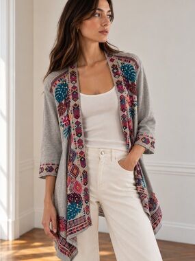 Johnny Was Quinn French Terry Draped Cardigan Grey sz 3X Colorful Embroidery